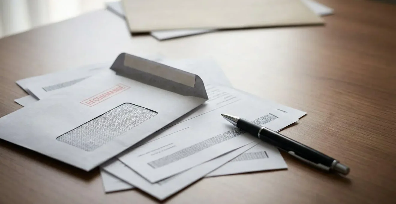 Document juridique ouvert sur un bureau avec une enveloppe recommandée, ambiance professionnelle et déterminée