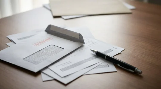Document juridique ouvert sur un bureau avec une enveloppe recommandée, ambiance professionnelle et déterminée