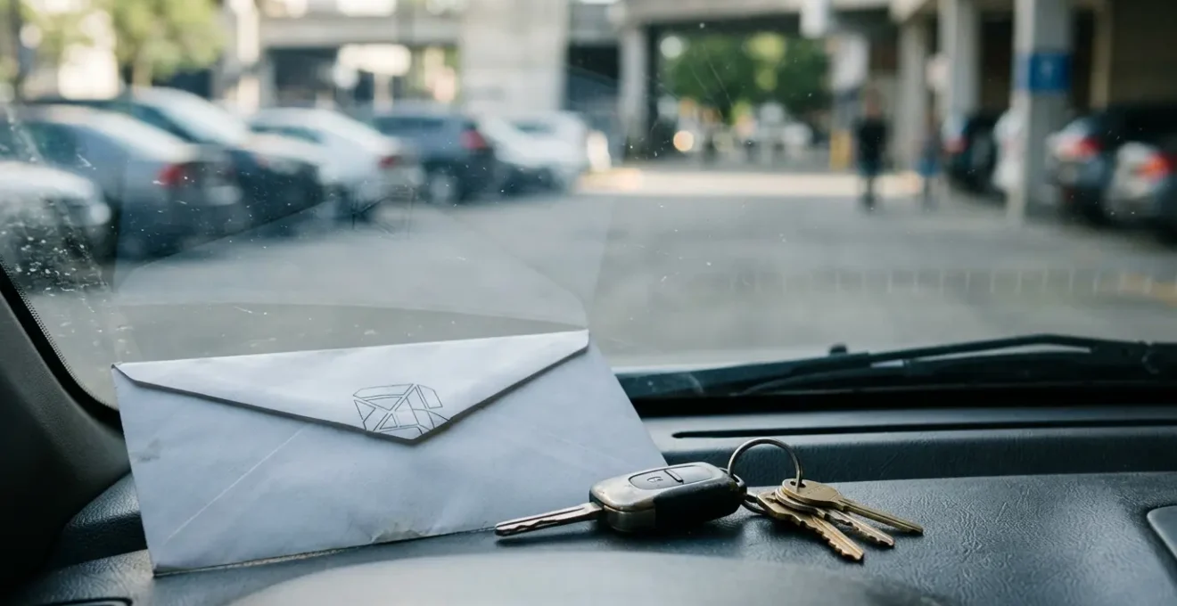 Enveloppe administrative de résiliation d'assurance auto posée sur un pare-brise avec clés de voiture