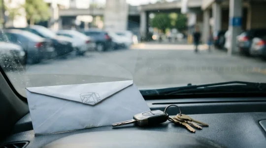 Enveloppe administrative de résiliation d'assurance auto posée sur un pare-brise avec clés de voiture