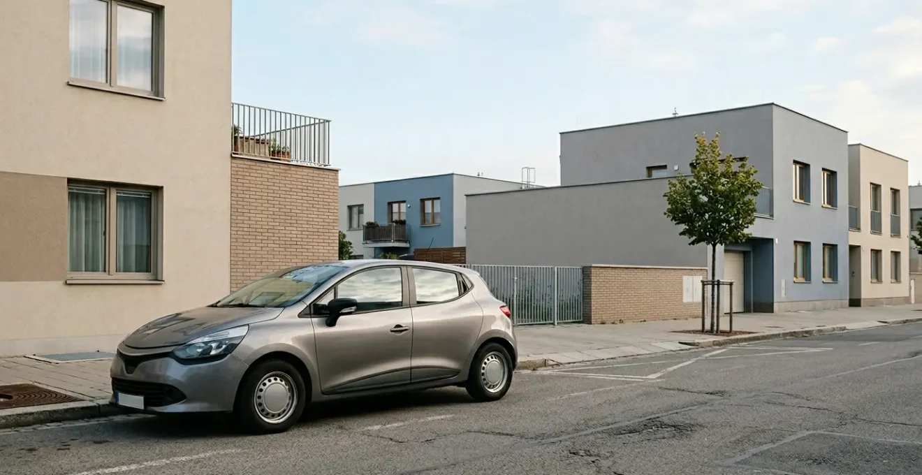 Citadine d'occasion compacte stationnée dans un environnement urbain, symbolisant le choix d'assurance pour véhicule à petit budget