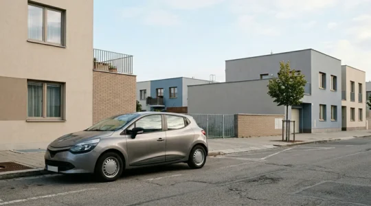 Citadine d'occasion compacte stationnée dans un environnement urbain, symbolisant le choix d'assurance pour véhicule à petit budget