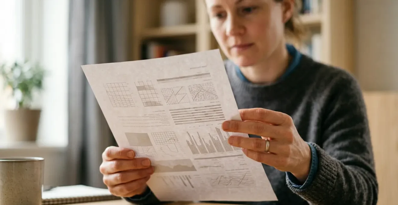 Personne analysant attentivement un document de santé avec concentration et clarté
