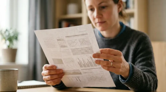 Personne analysant attentivement un document de santé avec concentration et clarté