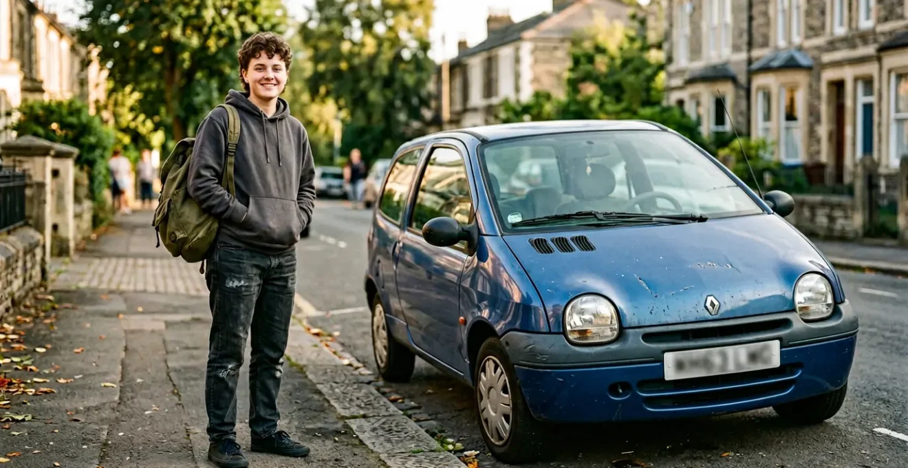 Jeune conducteur étudiant devant un véhicule d'occasion modeste représentant le choix rationnel d'une assurance au tiers