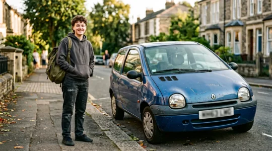 Jeune conducteur étudiant devant un véhicule d'occasion modeste représentant le choix rationnel d'une assurance au tiers