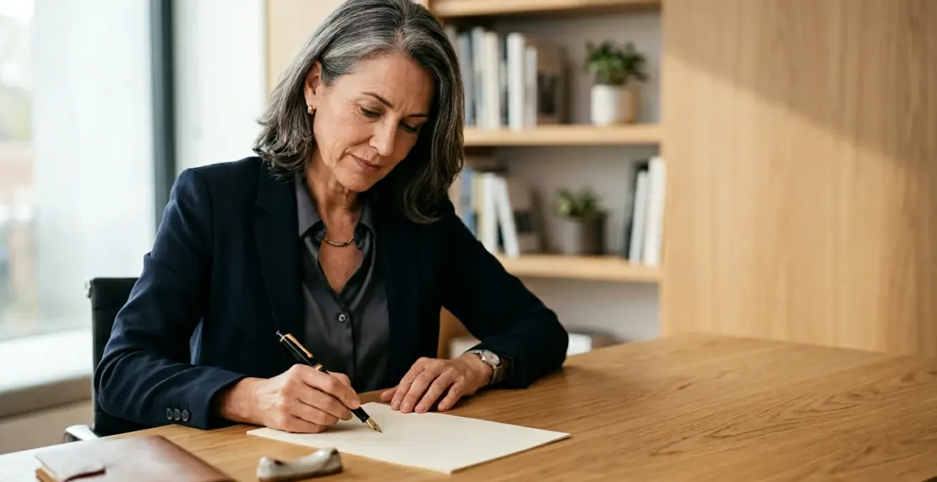 Professionnel rédigeant avec soin un formulaire important sur un bureau épuré avec éclairage naturel