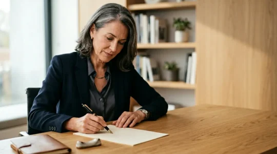 Professionnel rédigeant avec soin un formulaire important sur un bureau épuré avec éclairage naturel