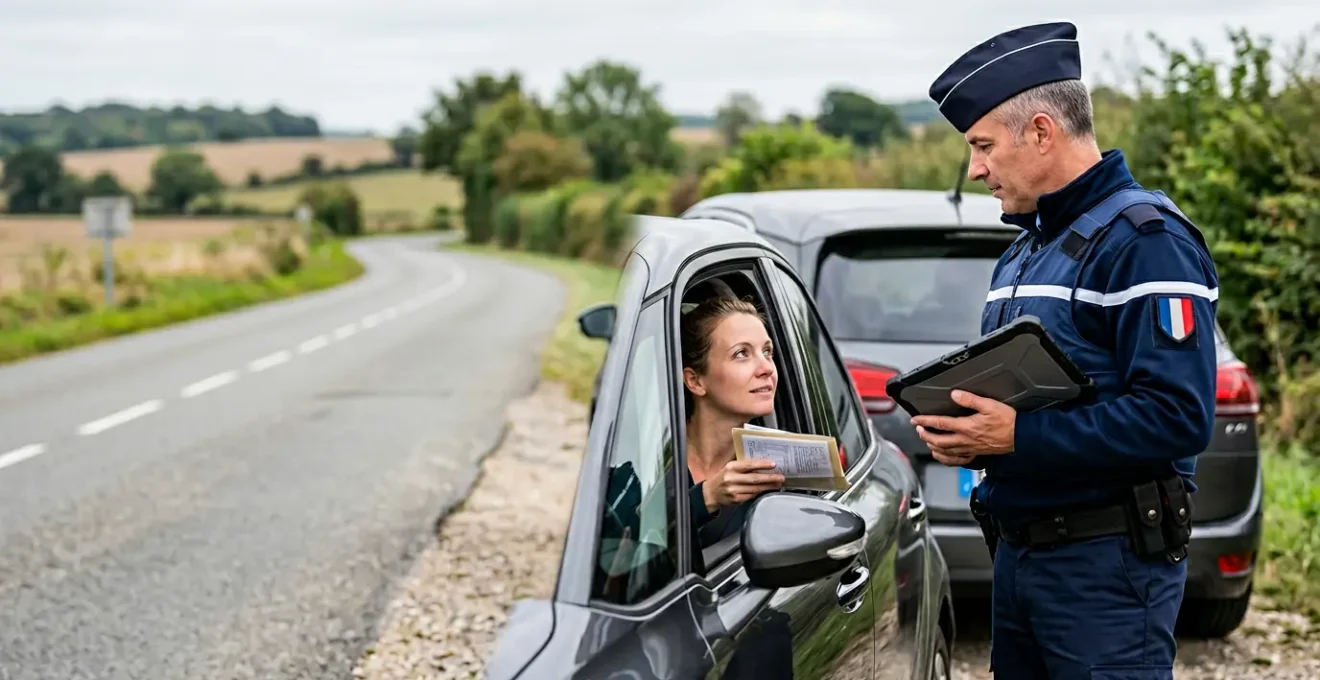 Interaction entre un automobiliste et les forces de l'ordre lors d'un contrôle routier en France montrant la vérification digitale de l'assurance automobile