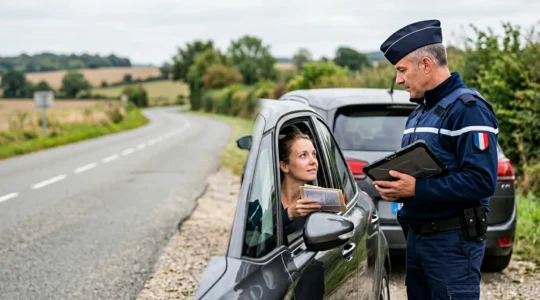 Interaction entre un automobiliste et les forces de l'ordre lors d'un contrôle routier en France montrant la vérification digitale de l'assurance automobile