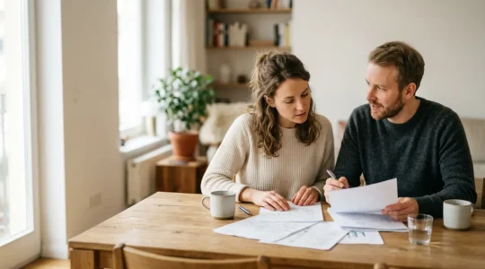 Couple analysant des documents financiers dans un environnement lumineux et moderne