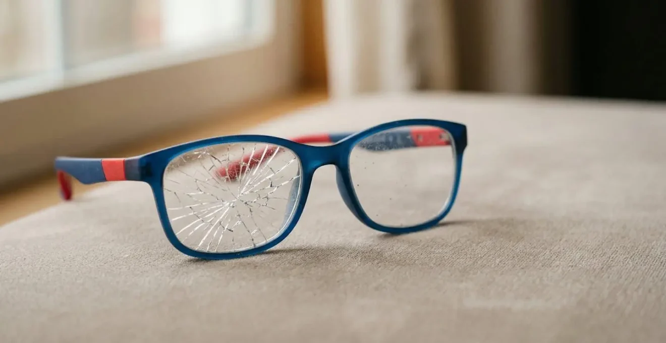 Lunettes d'enfant cassées symbolisant les accidents scolaires et la protection par l'assurance
