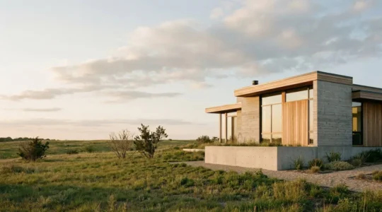 Vue architecturale d'une maison contemporaine avec fondations visibles illustrant la protection contre les fissures structurelles