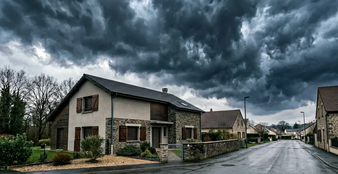 Vue extérieure d'une maison résidentielle moderne sous un ciel dramatique avec des conditions météorologiques menaçantes