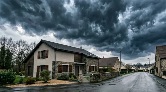Vue extérieure d'une maison résidentielle moderne sous un ciel dramatique avec des conditions météorologiques menaçantes