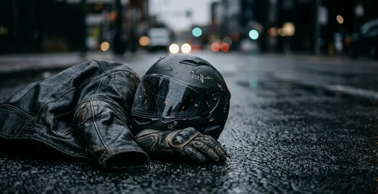 Motard victime d'accident de moto sur route urbaine, illustration des risques financiers en cas de chute
