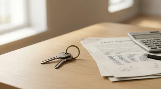 Document de bail de location avec clés et calculatrice symbolisant la protection du dépôt de garantie
