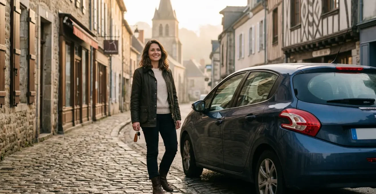 Conducteur serein devant paysage provincial avec véhicule protégé