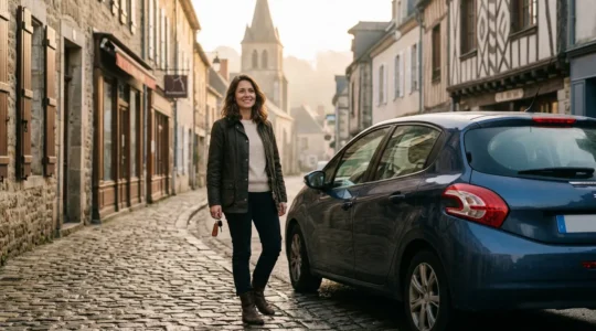 Conducteur serein devant paysage provincial avec véhicule protégé