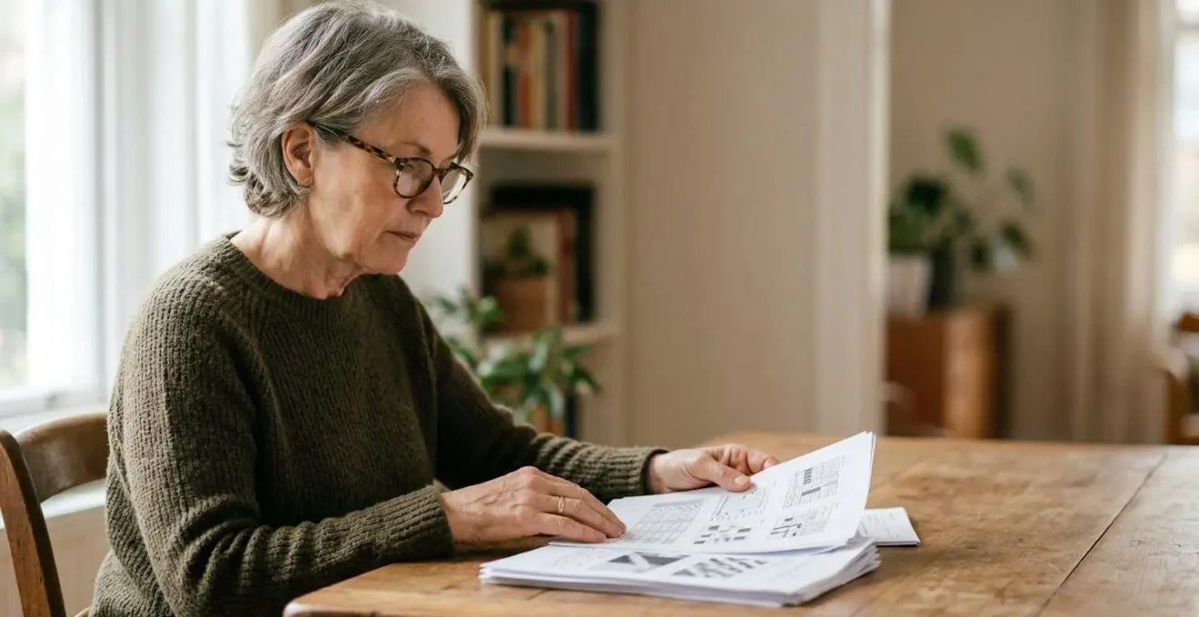 Senior analysant attentivement des documents d'assurance santé avec des tableaux de garanties