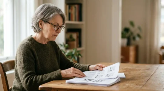 Senior analysant attentivement des documents d'assurance santé avec des tableaux de garanties