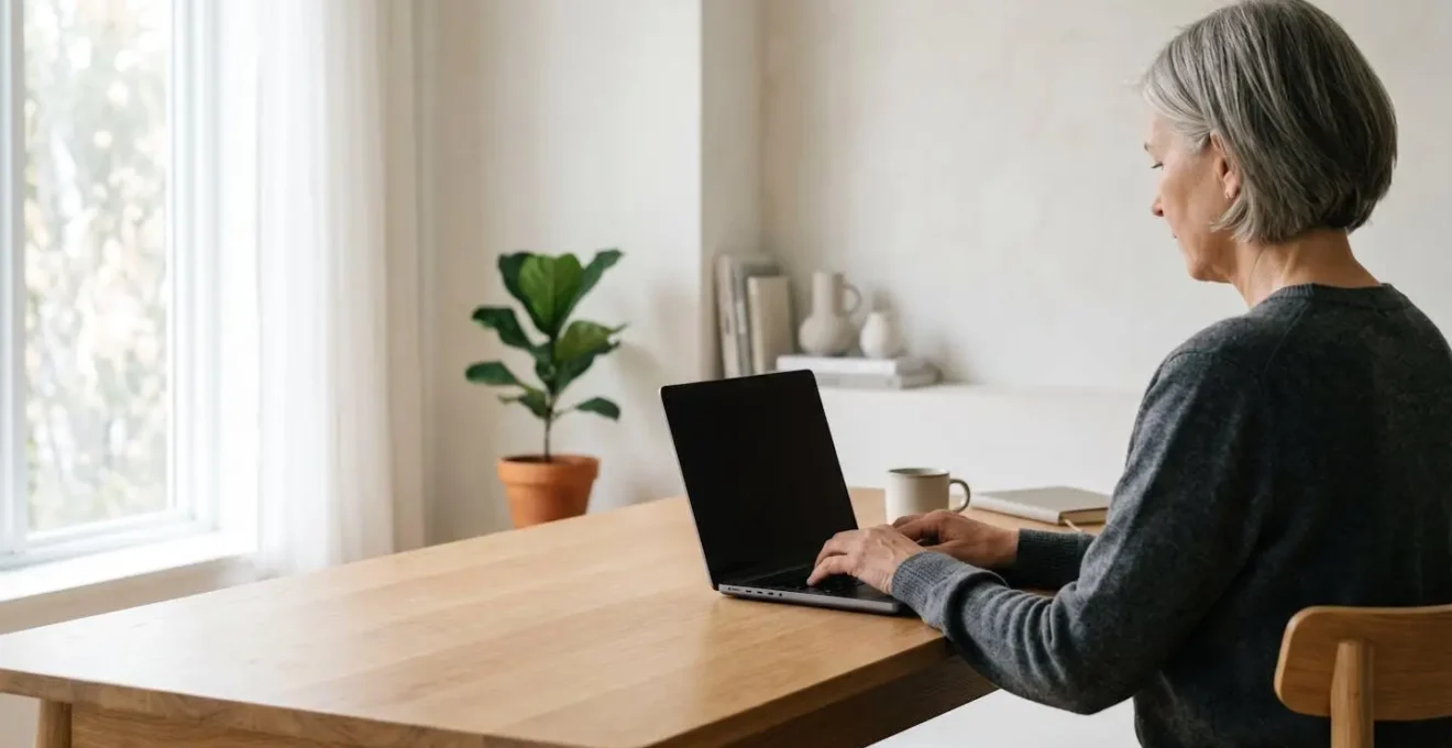 Senior effectuant une recherche en ligne pour trouver un médecin, ambiance lumineuse