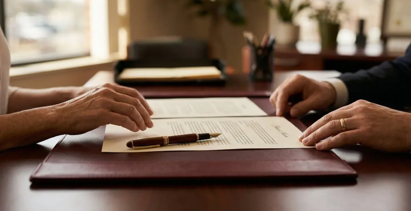 Moment décisif de la signature d'un acte de vente chez le notaire avec documents officiels