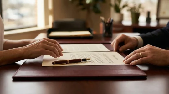 Moment décisif de la signature d'un acte de vente chez le notaire avec documents officiels