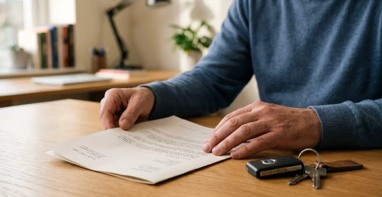 Gros plan sur des mains tenant un document administratif avec des clés de voiture posées sur un bureau, dans une lumière naturelle douce