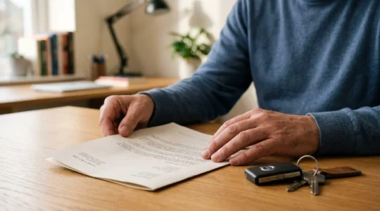 Gros plan sur des mains tenant un document administratif avec des clés de voiture posées sur un bureau, dans une lumière naturelle douce