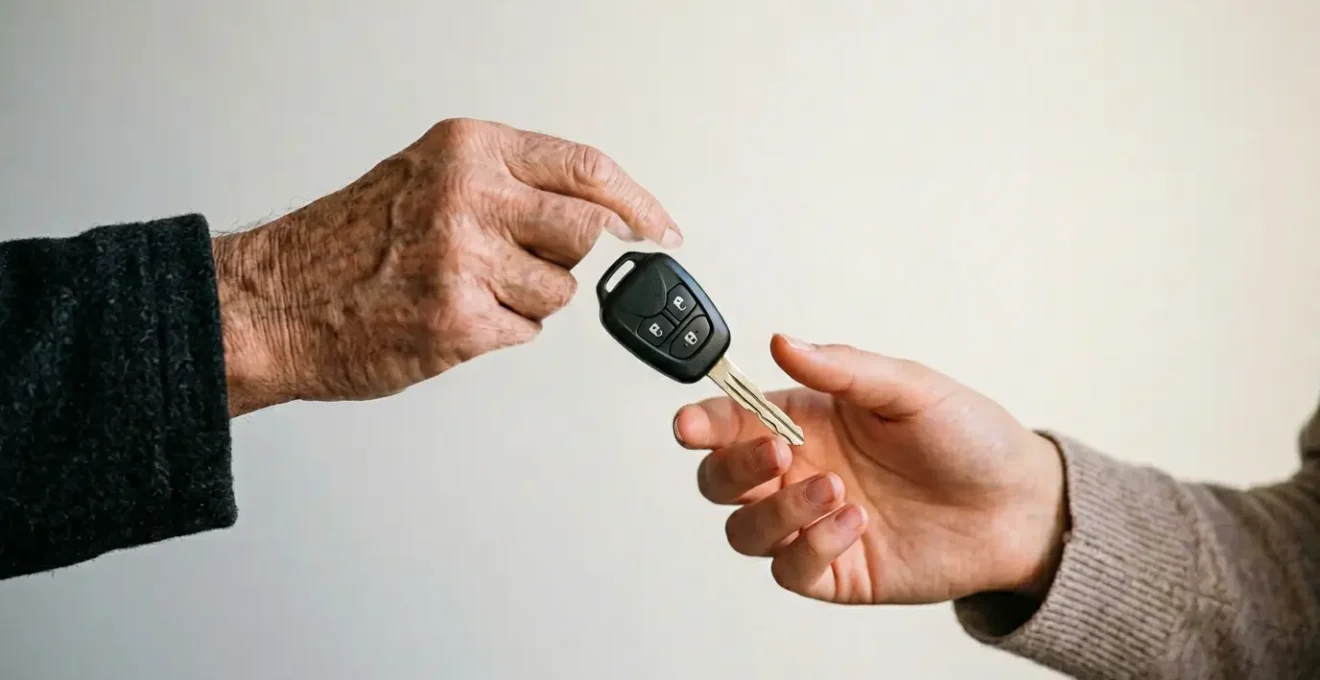 Clés de voiture transmises entre deux mains sur fond épuré symbolisant le transfert de véhicule entre générations