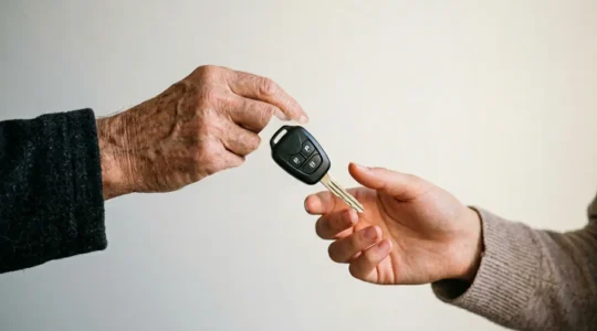 Clés de voiture transmises entre deux mains sur fond épuré symbolisant le transfert de véhicule entre générations