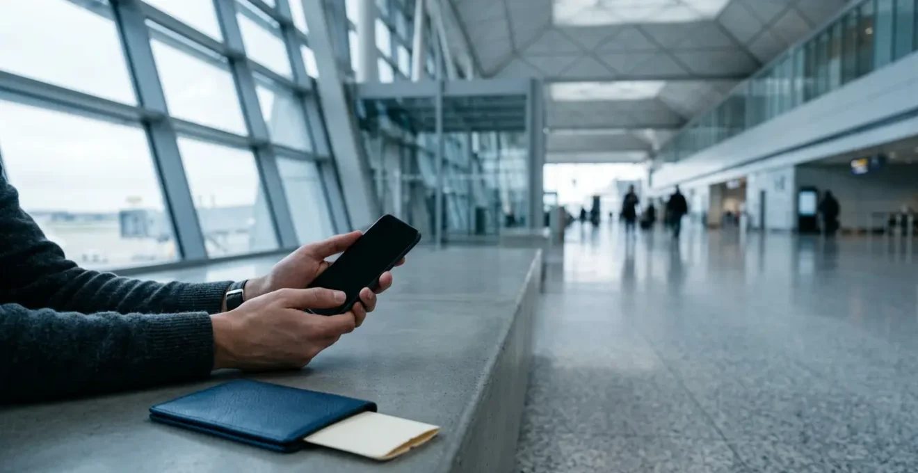 Voyageur gérant son assurance médicale internationale depuis son smartphone dans un environnement de voyage moderne