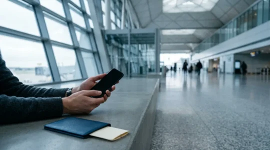 Voyageur gérant son assurance médicale internationale depuis son smartphone dans un environnement de voyage moderne