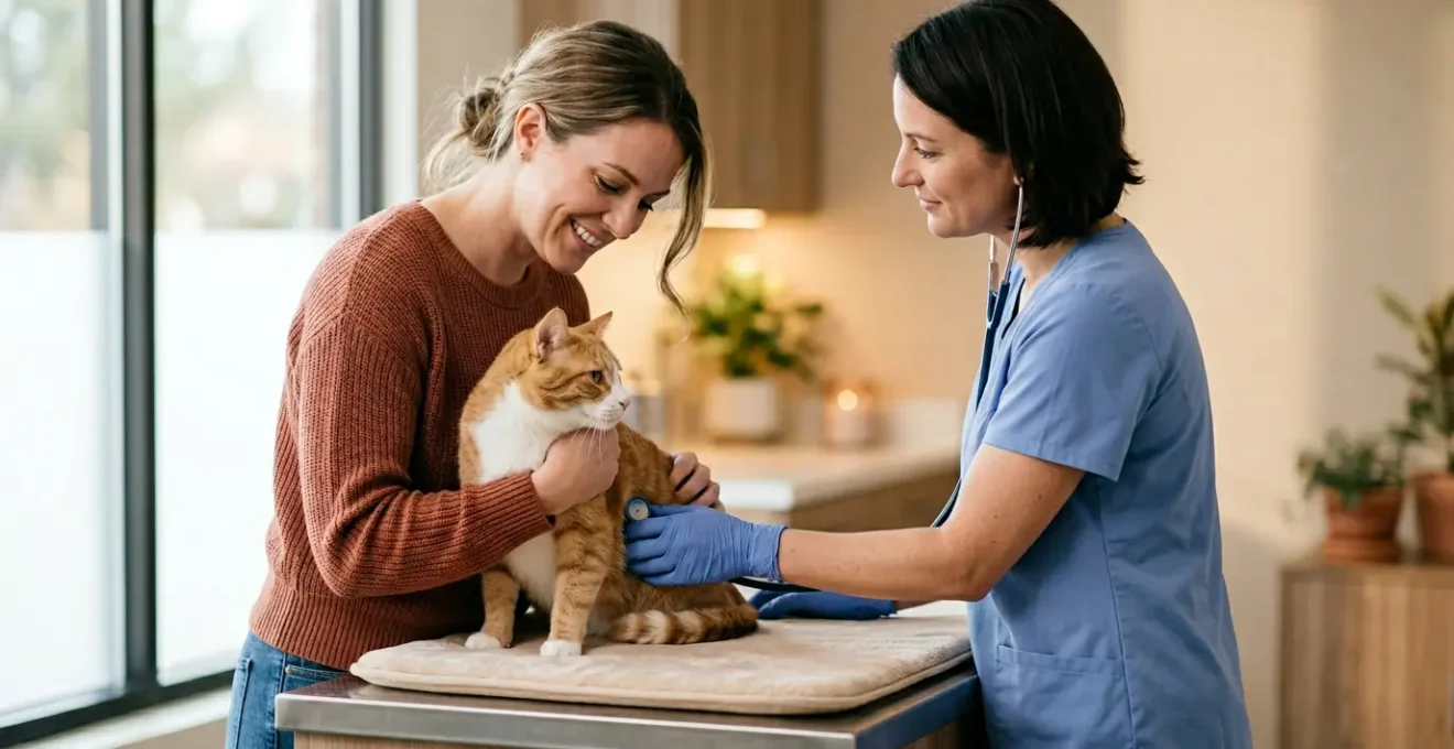 Propriétaire rassuré avec son chien ou chat dans un environnement vétérinaire moderne