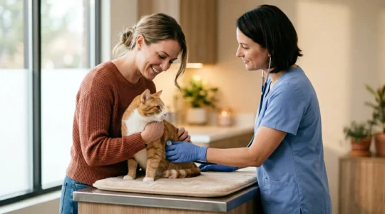 Propriétaire rassuré avec son chien ou chat dans un environnement vétérinaire moderne