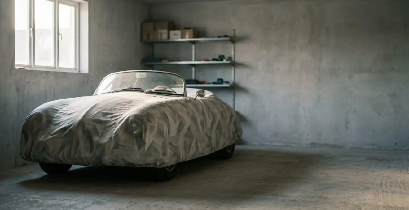 Véhicule classique sous housse dans un garage privé illustrant l'assurance d'un véhicule secondaire peu utilisé