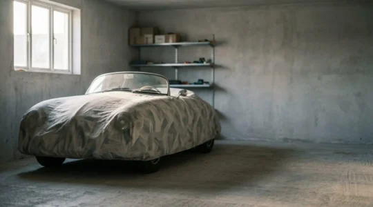 Véhicule classique sous housse dans un garage privé illustrant l'assurance d'un véhicule secondaire peu utilisé
