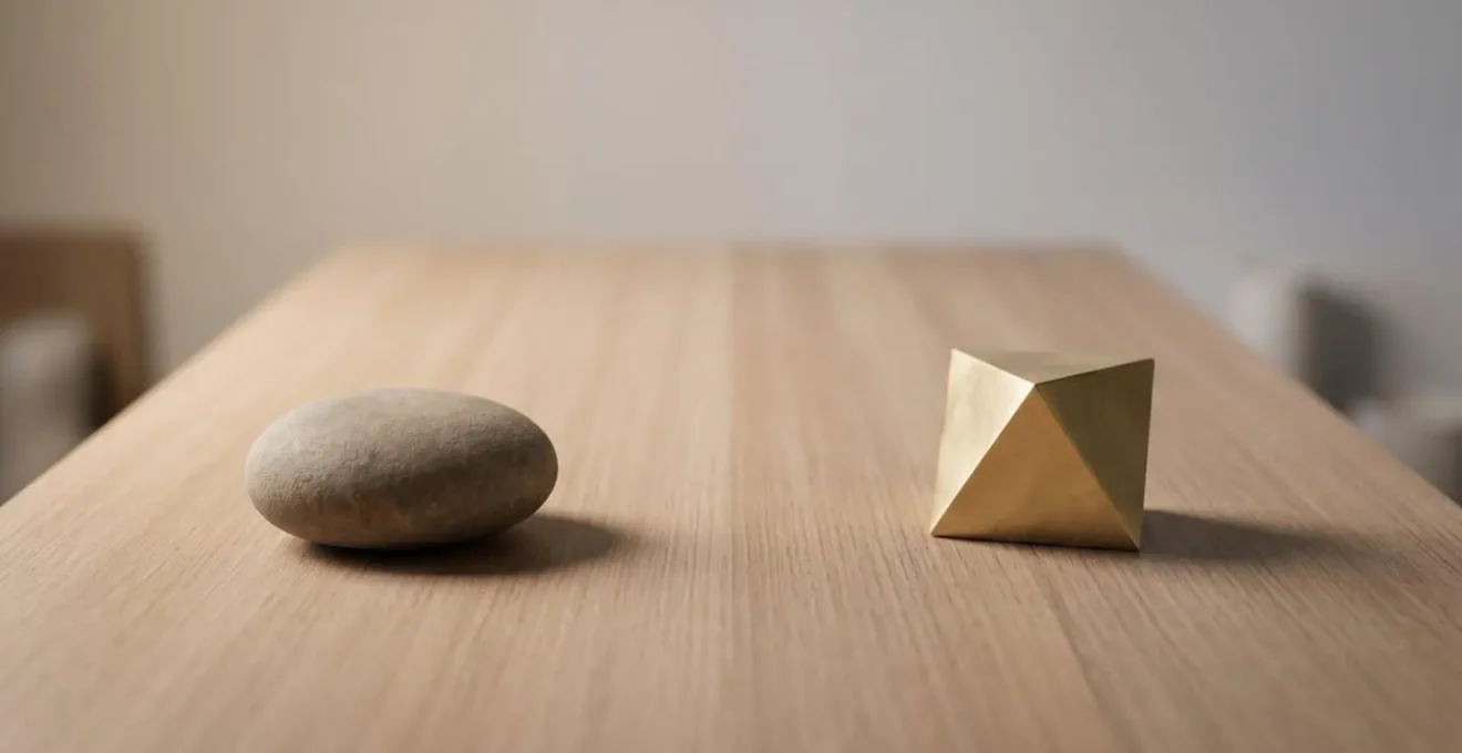 Composition symbolique minimaliste représentant l'équilibre entre deux options patrimoniales avec éclairage doux