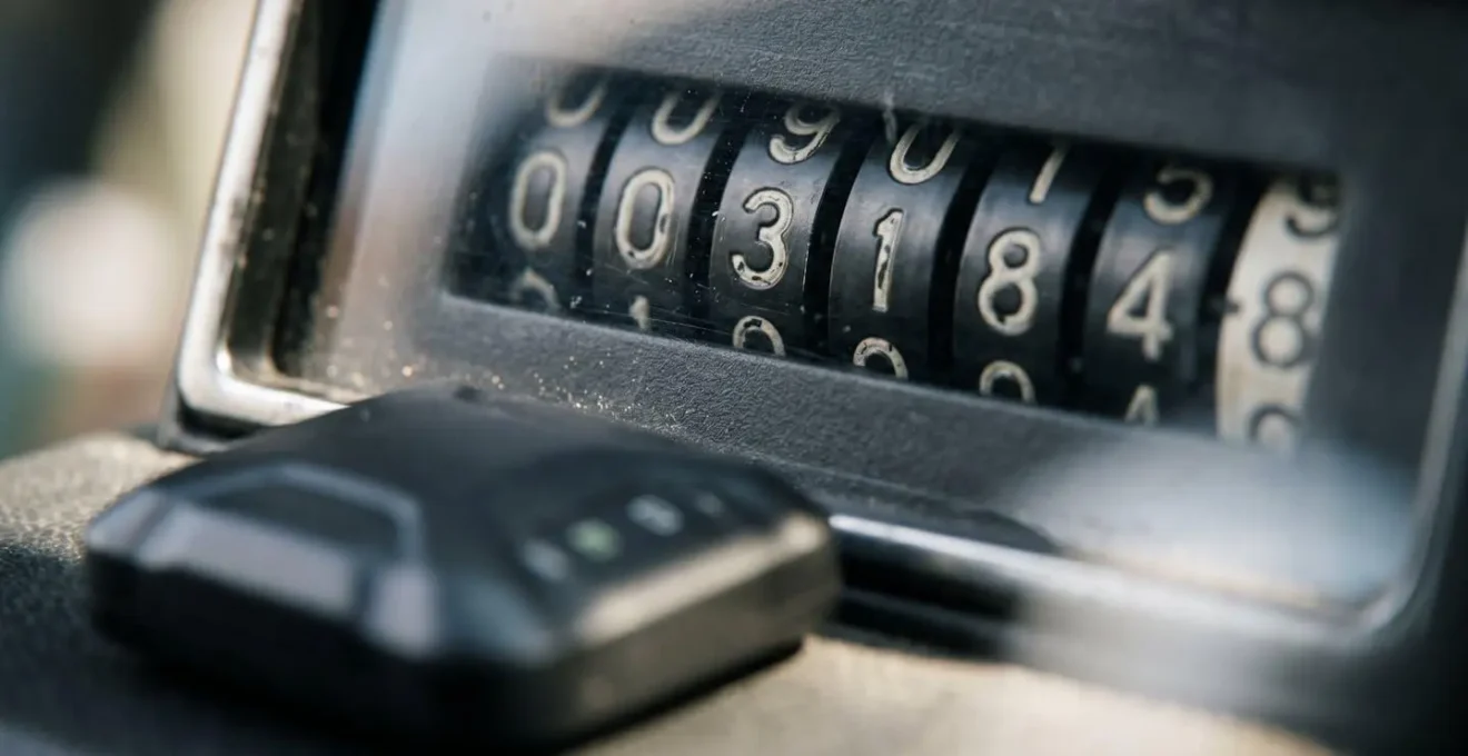 Gros plan sur un compteur kilométrique et un boîtier télématique connecté illustrant le suivi du kilométrage pour l'assurance au kilomètre