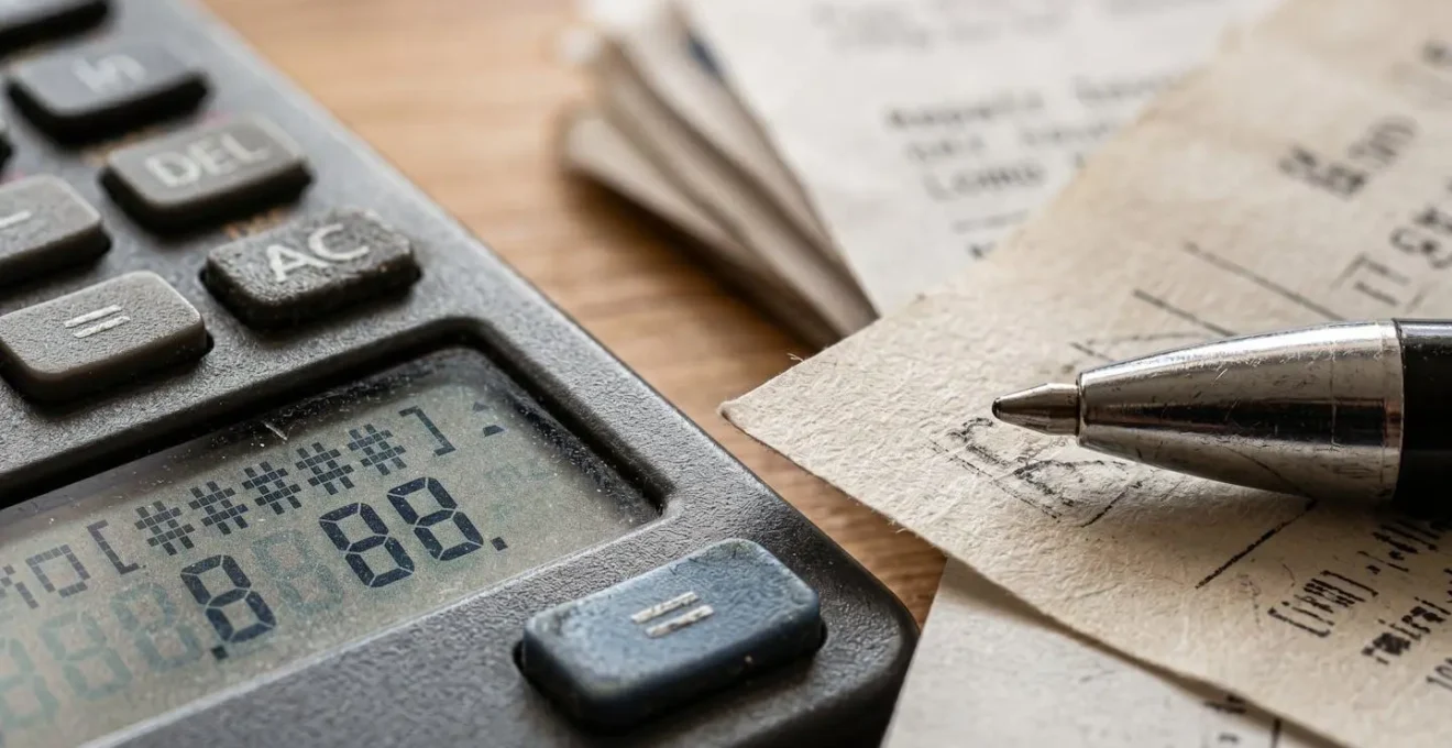 Calculatrice professionnelle et factures de réparation automobile sur table de travail