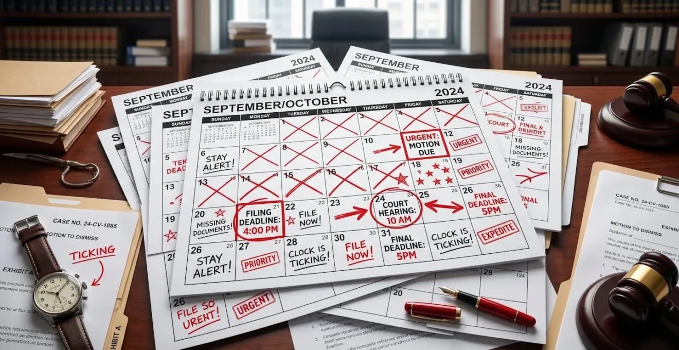 Vue macro de pages de calendrier avec marqueurs temporels, symbolisant l'urgence des délais légaux