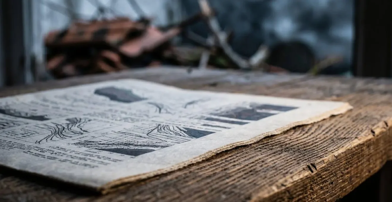 Gros plan sur des documents météorologiques et mesures de vent posés sur une table, avec des éléments naturels évoquant une tempête en arrière-plan flou