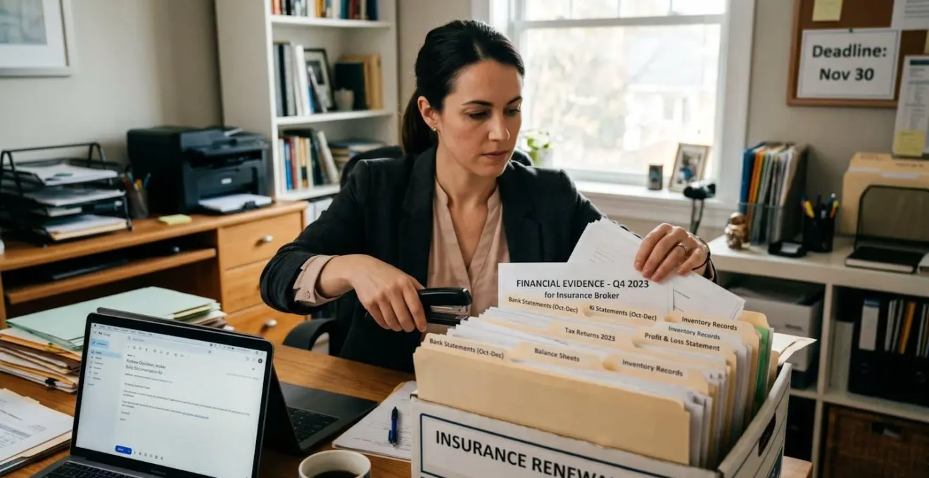 Préparation d'un dossier de preuves financières pour rassurer un courtier en assurance