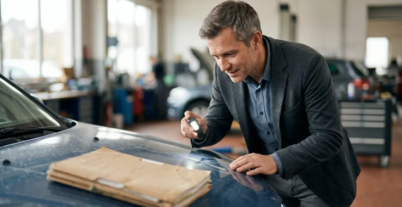 Expert automobile examinant un véhicule endommagé avec dossier de documentation complet