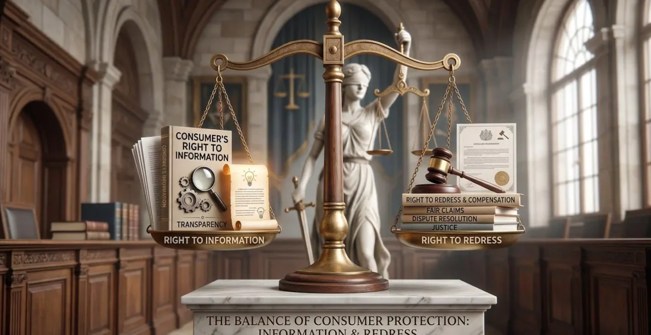Métaphore visuelle de l'équilibre entre deux dispositifs légaux de protection du consommateur