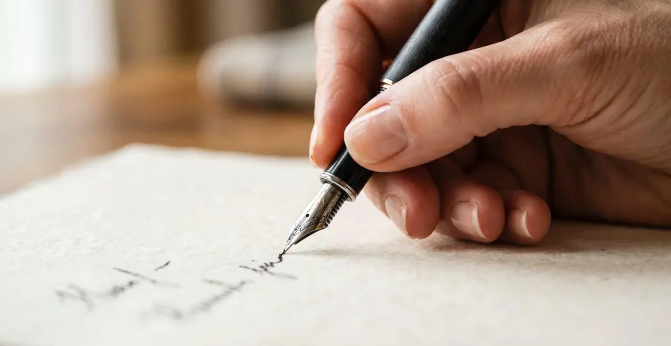 Gros plan sur une main apposant une signature sur un document avec éclairage naturel doux