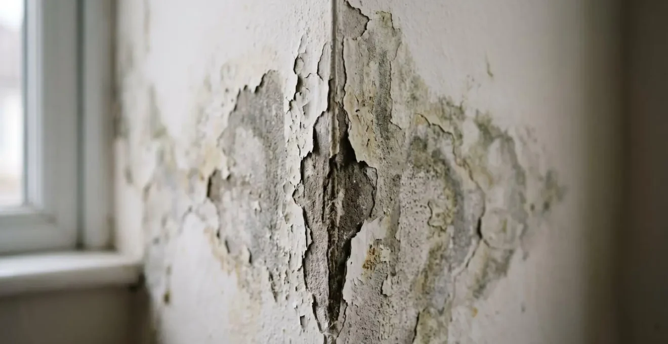 Détail macro d'un mur intérieur présentant des traces d'humidité et de condensation avec des textures naturelles et une lumière douce