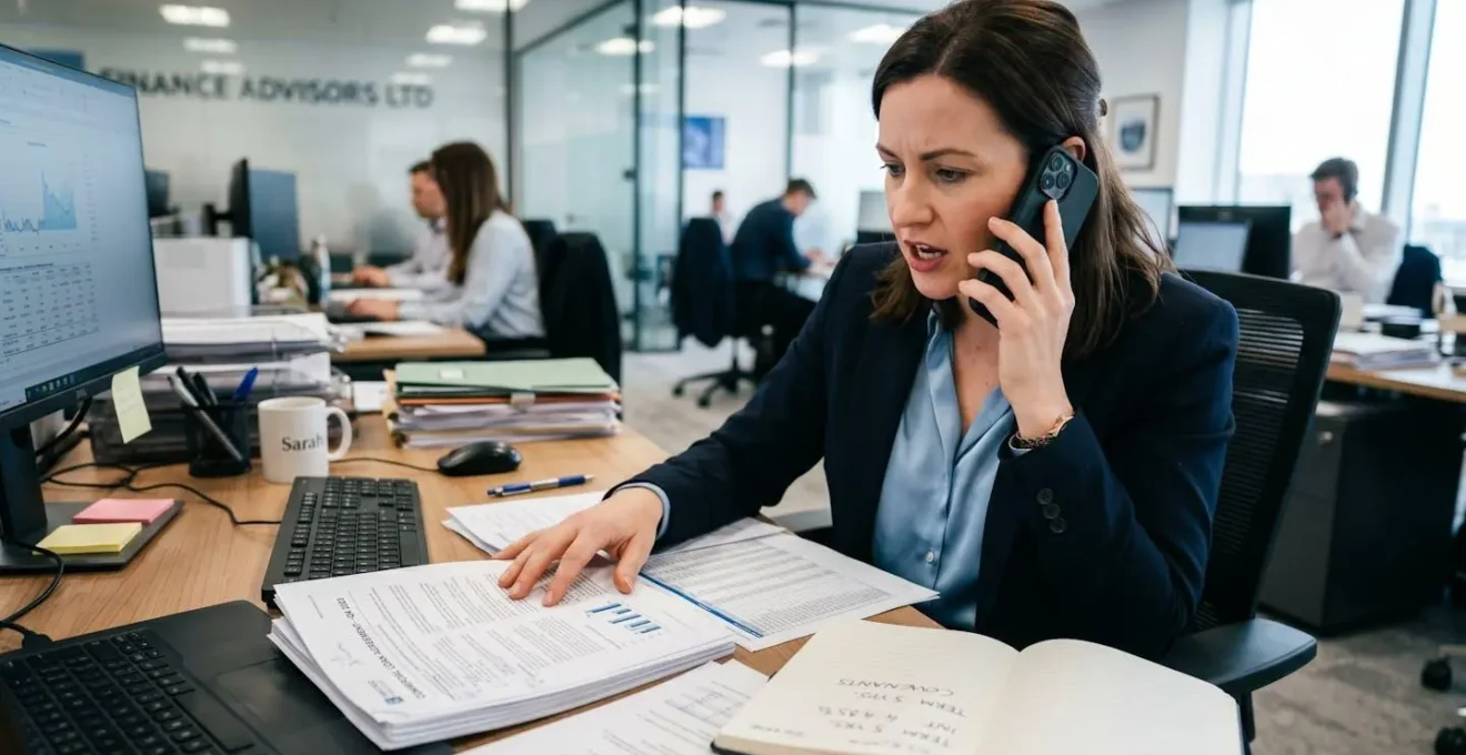 Personne au téléphone négociant avec détermination tout en consultant des documents bancaires sur son bureau