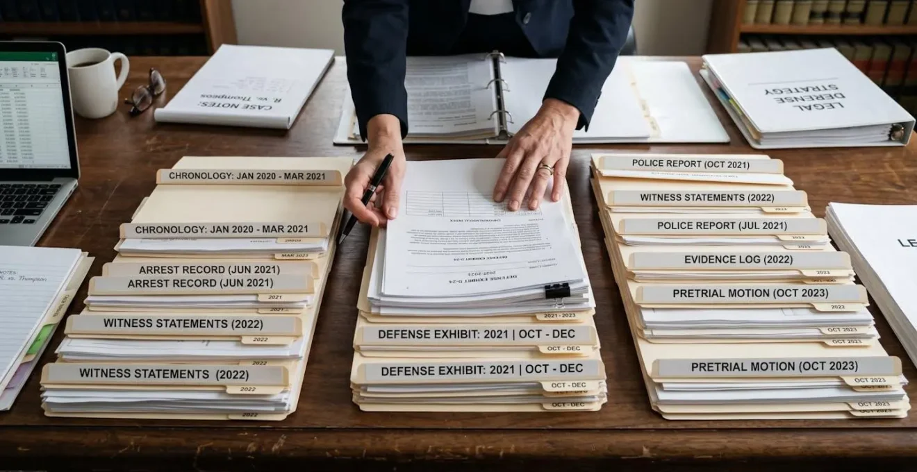 Mains organisant méthodiquement des documents chronologiques sur une table, stratégie de défense juridique